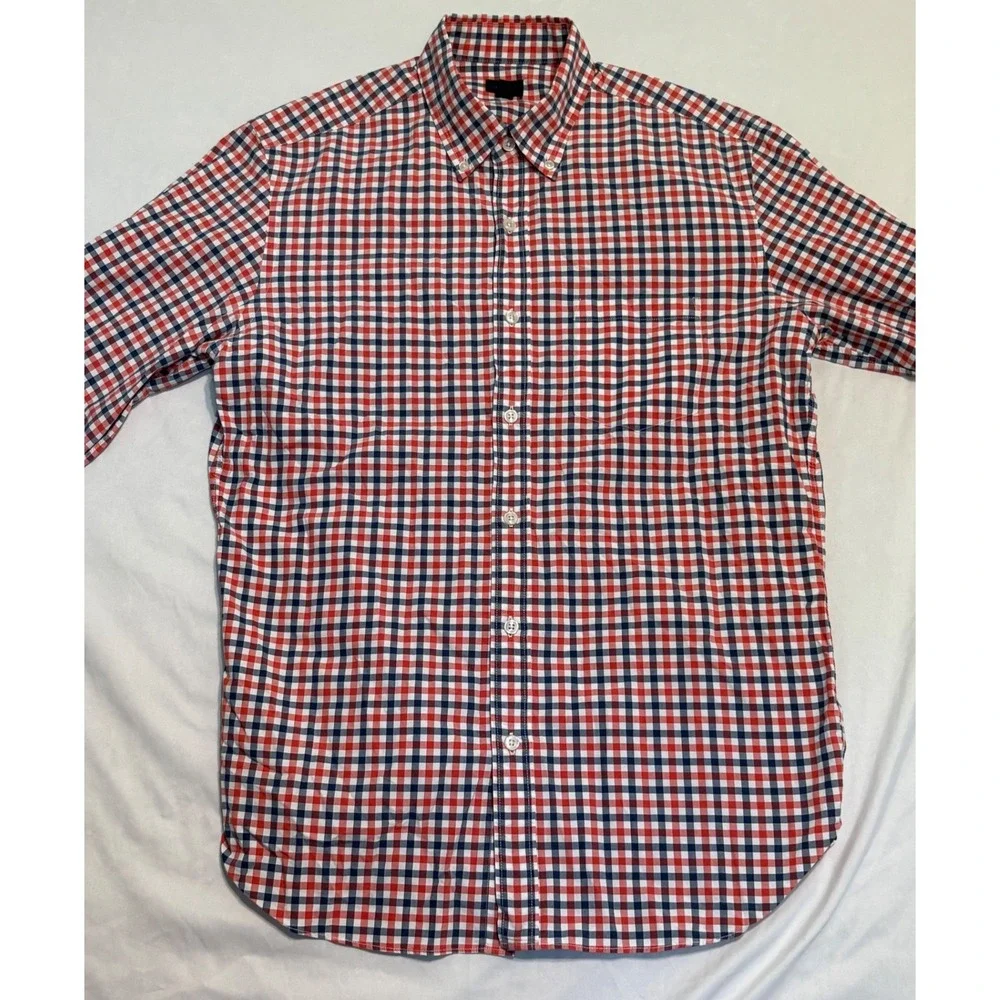 J.Crew Button Down Shirt Mens Size M‎ Gingham Check Red Navy Blue Cotton Pocket